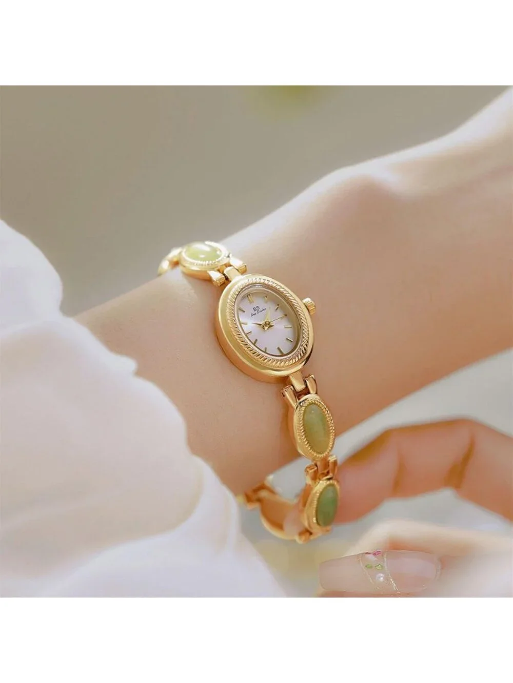 Women's Gold White Analog Quartz Waterproof Oval Dainty Vintage Bracelet Watch